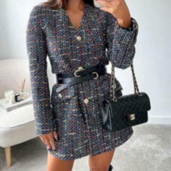 ZARA WOMEN NEW TWEED JACKET BLAZER DRESS GOLD BUTTON TEXTURED COAT 9172/192 M - Picture 1 of 5